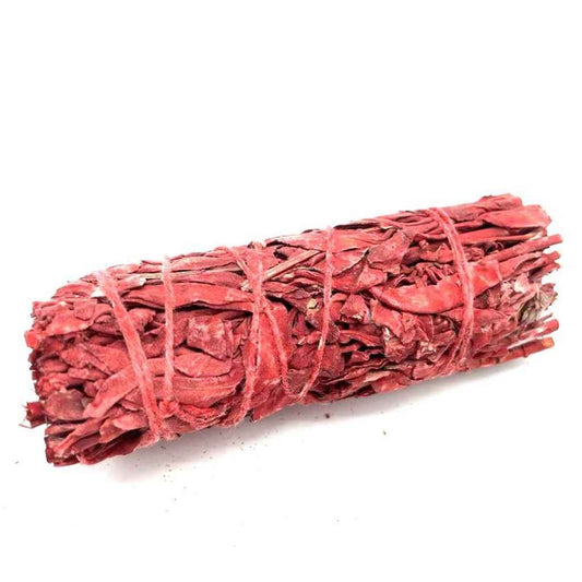10cm dragons blood sage smudge stick against a plain white background. The dragons blood sage smudge stick is bound with red  twine.