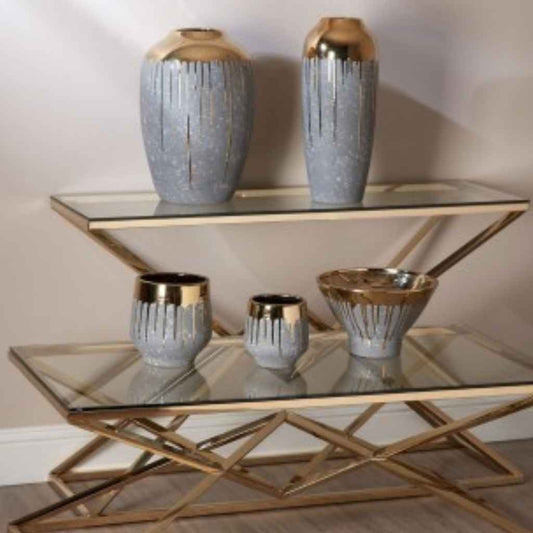 Ceramic Vases | Grey/Gold Drip