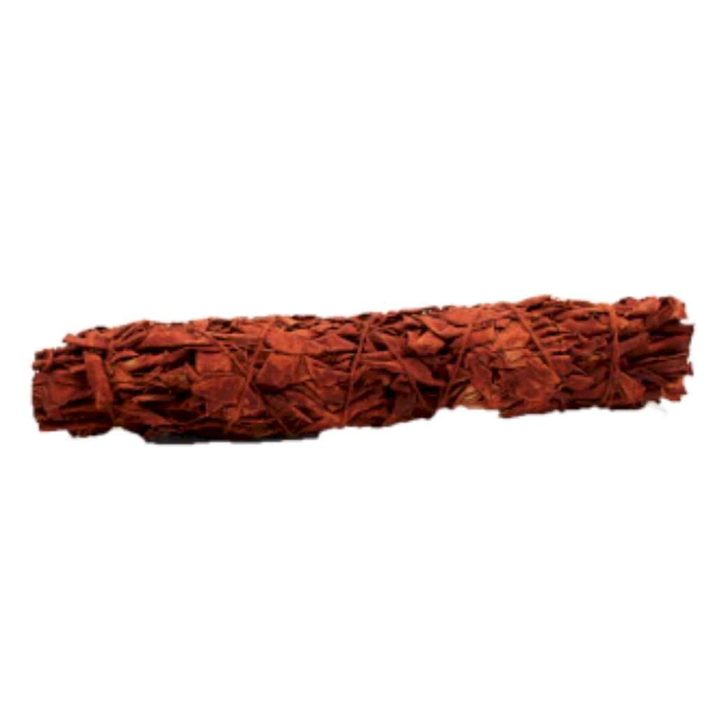 22.5cm dragons blood sage smudge stick against a plain white background. The dragons blood sage smudge stick is bound with red  twine.