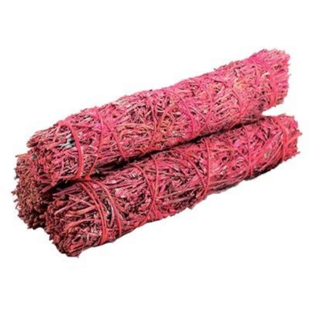 3 dragons blood sage smudge stick against a plain white background. The dragons blood sage smudge sticks are bound with red  twine.