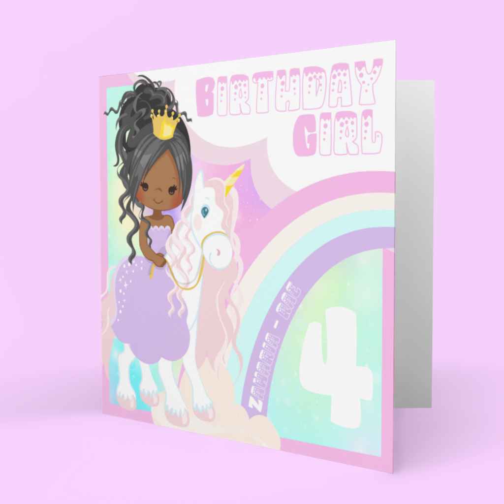 Children's Personalised Age Birthday Cards | Black Unicorn Princess