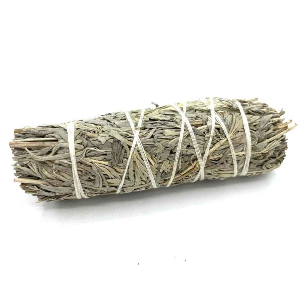Single 10cm Blue Sage Smudge Stick against a white background. The Blue Sage smudge stick is wrapped in white twine.