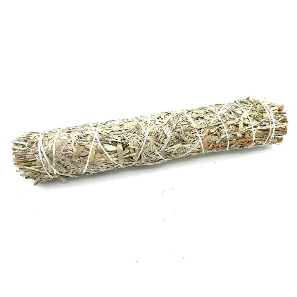 Single 22.5cm Blue Sage Smudge Stick against a white background. The Blue Sage smudge stick is wrapped in white twine.