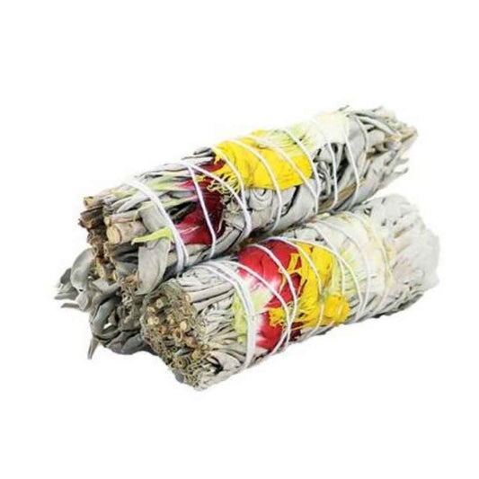 3 10cm Harmony White Sage Smudge Sticks against a plain white background. The smudge sticks are unlit and is bound with white twine. 