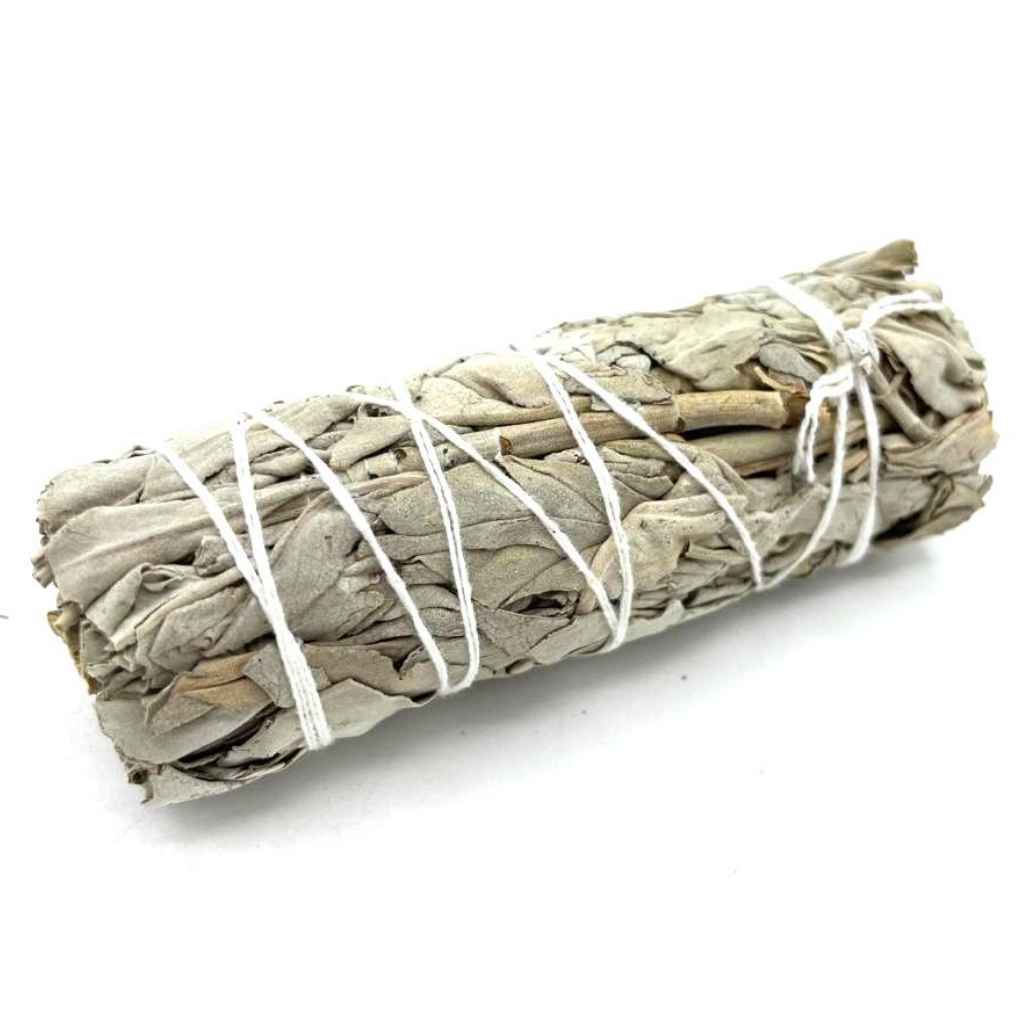 10cm white sage smudge stick against a plain white background. The smudge stick is unlit and is bound with white twine.