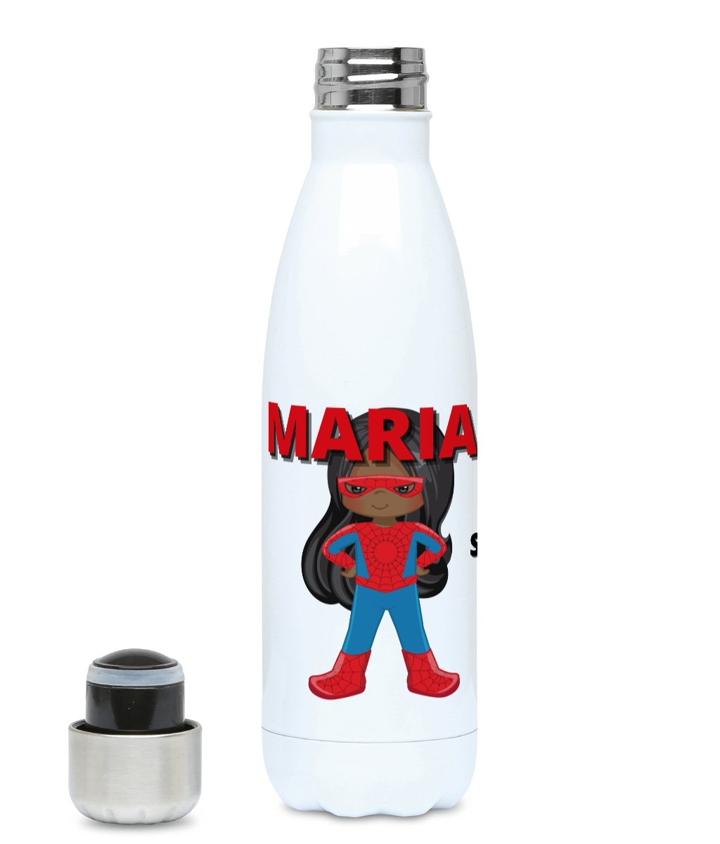 Personalised BlacklikeMe Spidey Superheroine personalised hydro flask. The picture features a hydro flask that has been personalised with the name Maria