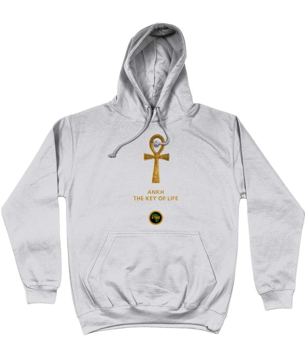 Product mockup photo of a heather gray personalised Ankh Hoodie. Large gold Ankh in the  centre of the hoodie, with the words Ankh, The key of Life capitalised in Gold Font directly underneath the hoodie, with a round BTMR logo underneath. Hoodie is on a plain white background