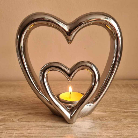 Double Heart | Ceramic Tealight Holder | Silver