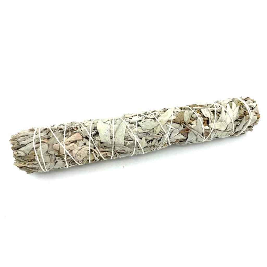 22.5cm white sage smudge stick against a plain white background. The smudge stick is unlit and is bound by white twine.