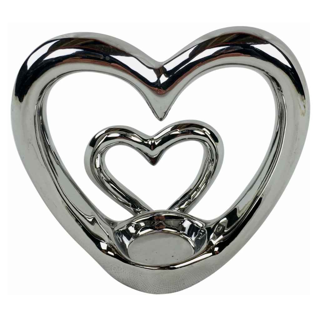 Double Heart | Ceramic Tealight Holder | Silver