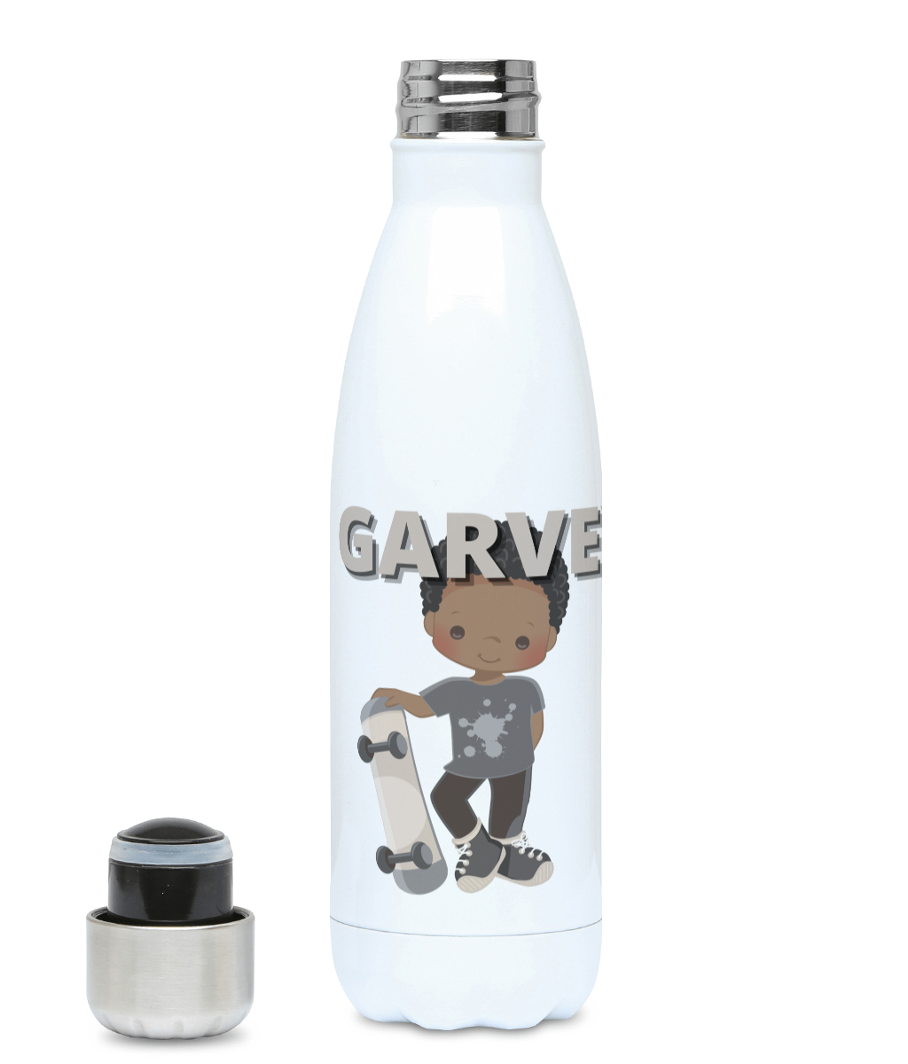 Left Profile of personalised Hydro Flask, featuring  a Black Boy holding his skateboard. Hydro Flask is personalised at the top of the picture 