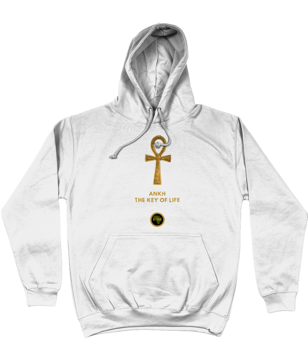 Product mockup photo of a white personalised Ankh Hoodie. Large gold Ankh in the  centre of the hoodie, with the words Ankh, The key of Life capitalised in Gold Font directly underneath the hoodie, with a round BTMR logo underneath. Hoodie is on a plain white background