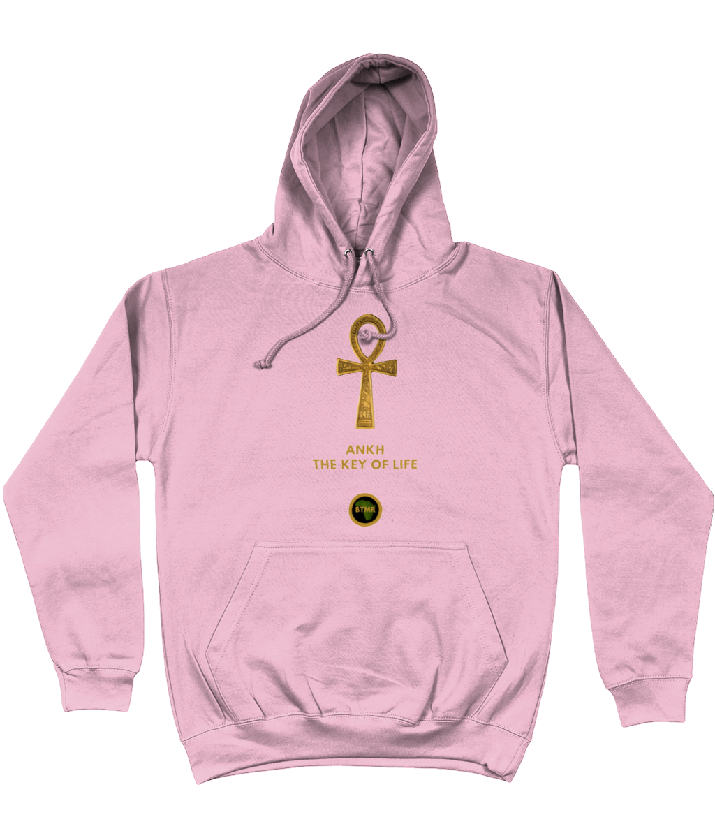 Product mockup photo of a candyfloss pink personalised Ankh Hoodie. Large gold Ankh in the  centre of the hoodie, with the words Ankh, The key of Life capitalised in Gold Font directly underneath the hoodie, with a round BTMR logo underneath. Hoodie is on a plain white background