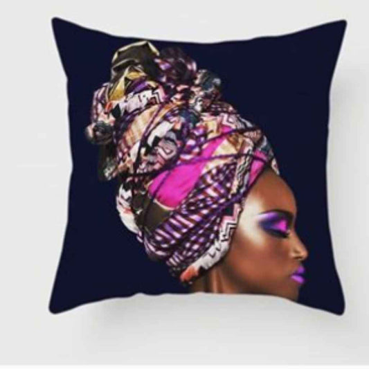 Black Linen Cushion Cover and Cushion 45*45 cm, double sided print of a beautiful African women in a brightly cooured purple headwrap,