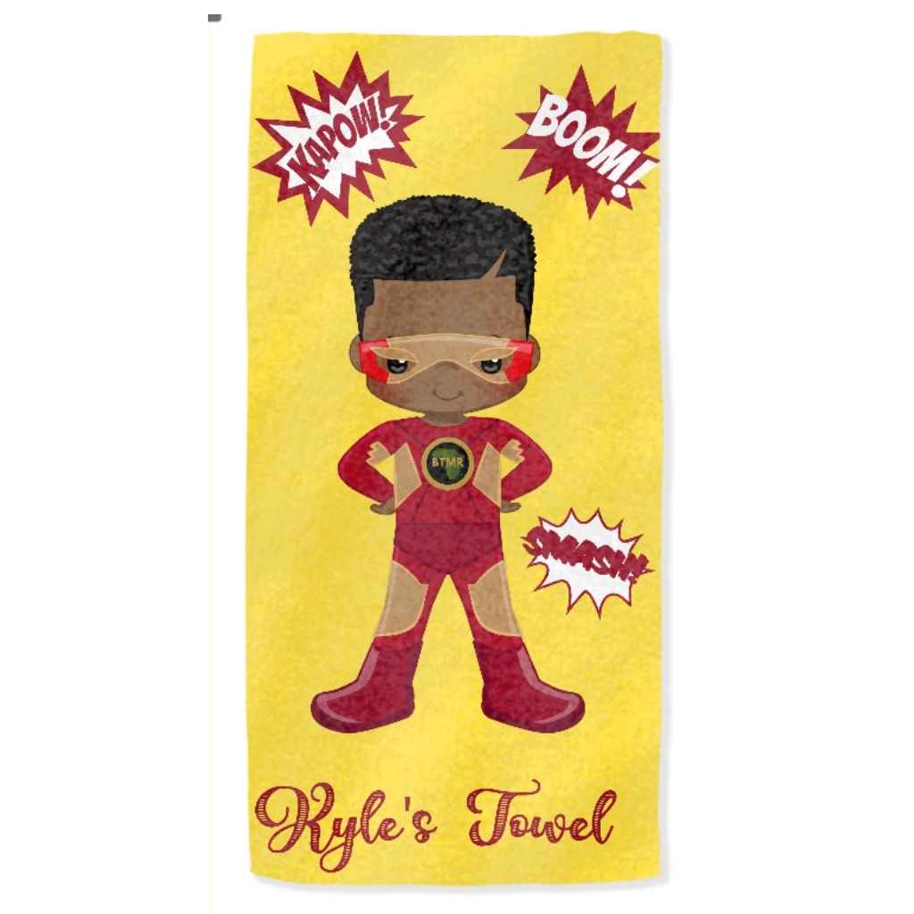 Personalised Kids Towels | Boys | Black Superhero - Red