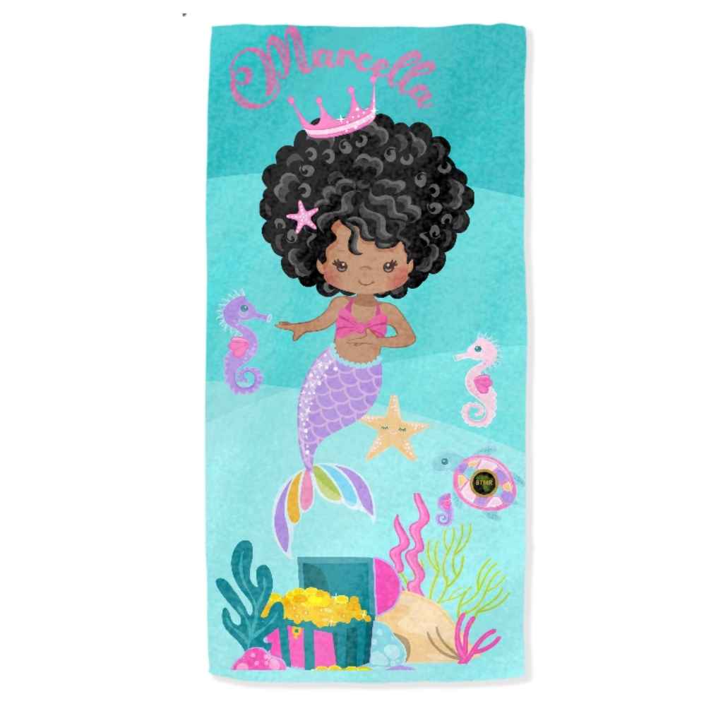 Personalised Towels | Black Mermaid in Crown | Girls