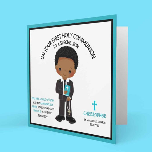 Personalised First Holy Communion Card | Black Boy Psalm 139