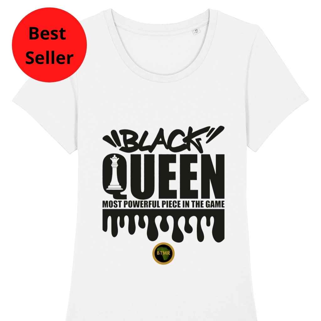 Black Queen most powerful piece on the board organic cotton white fitted short sleeved t Shirt. Best Seller circle.