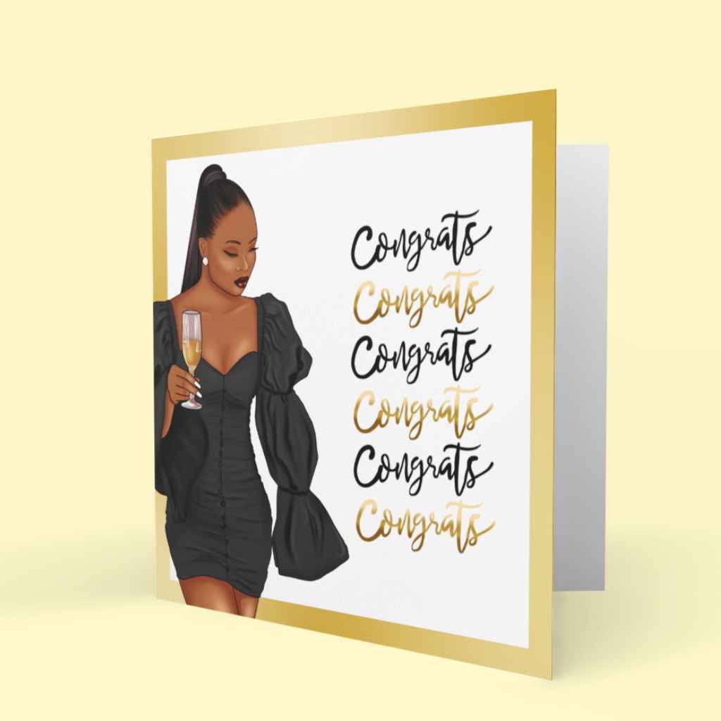 Black girl with champagne glass Congrats card