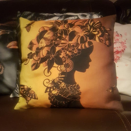 Lady & Butterflies Black Linen Cushion