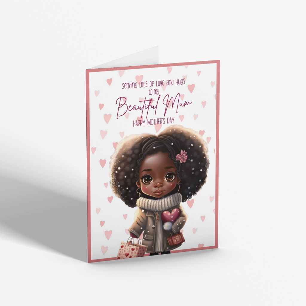 Black Mother's Day Greeting Card featuring a Cute young black girl with a large afro holding hearts in one hand and a bag with hearts on the other. Wording reads 'Sending lots of love and hugs for my Beautiful Mum. Happy Mother'sDay 