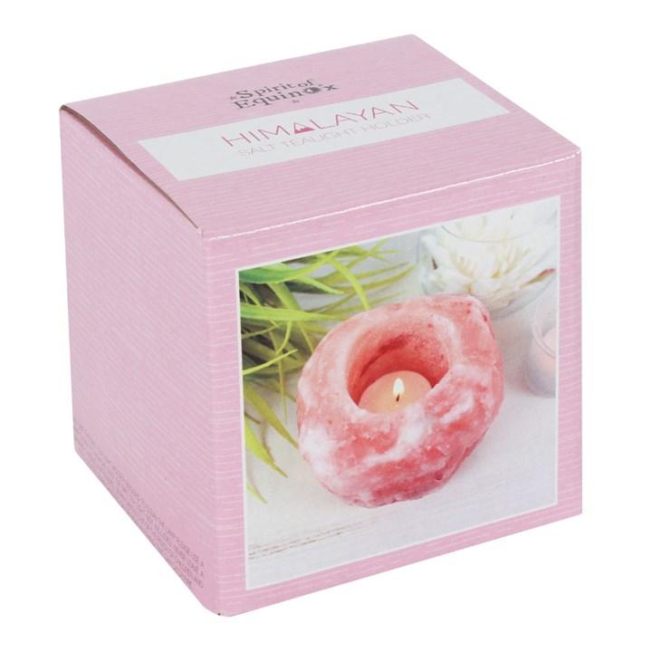 Picture shows the packaging that the pink himalayan salt tealight or candle holder comes in.