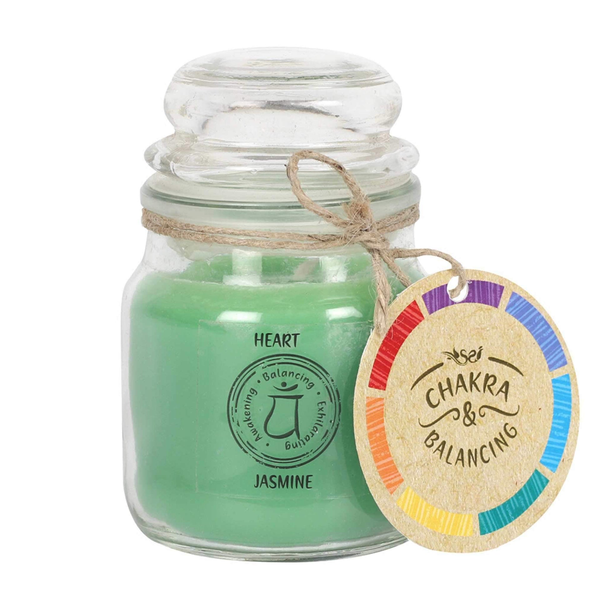 Balancing Chakra Candle in a min glass jar with stopper. Tied with a label that says Chakra Balancing. Candle is green with a label on the jar that says Heart - Jasmine