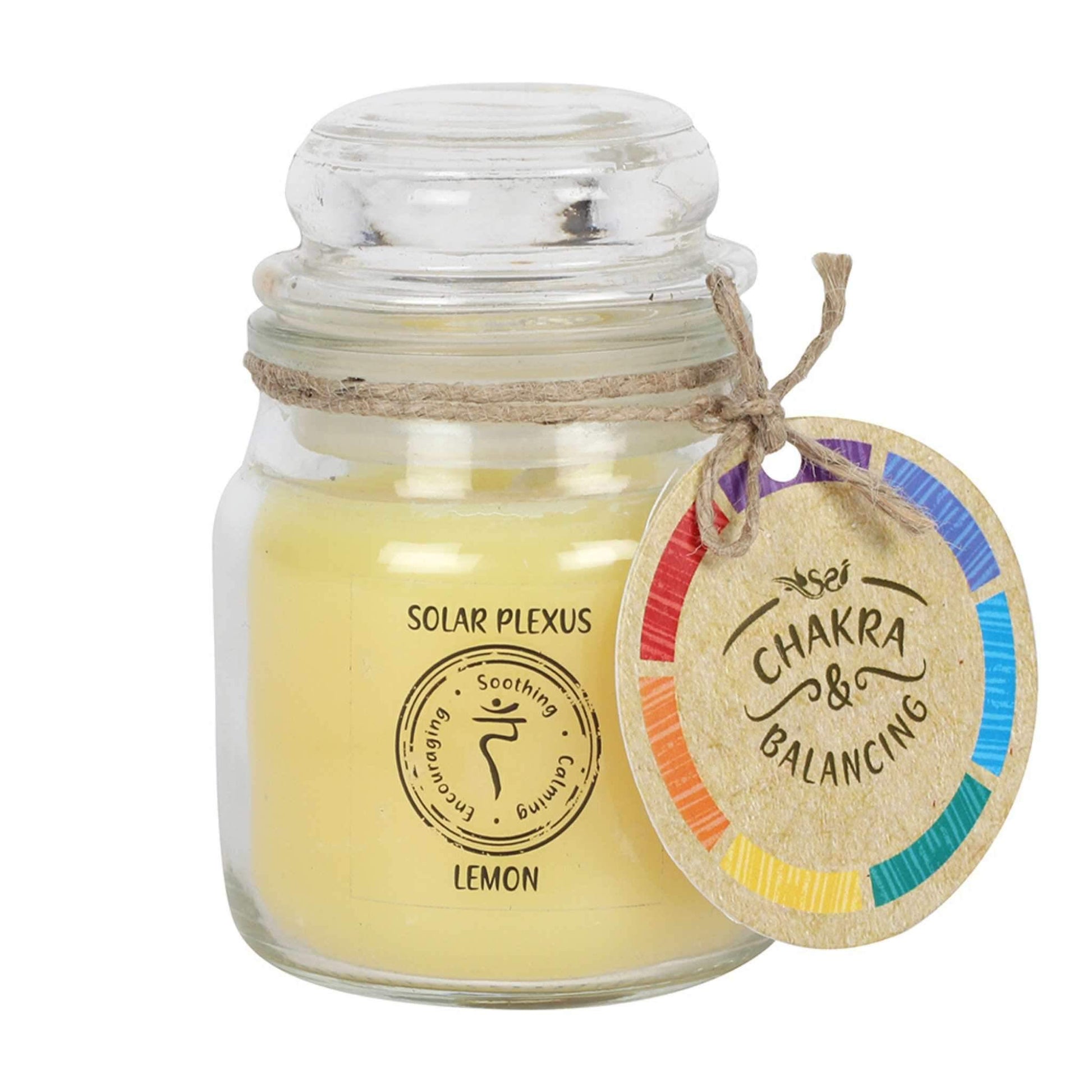Balancing Chakra Candle in a min glass jar with stopper. Tied with a label that says Chakra Balancing. Candle iscream with a label on the jar that says Solar Plexus - Lemon