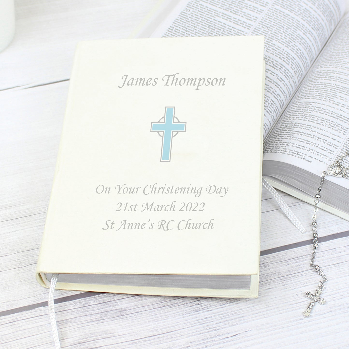 Personalised Pink or Blue Cross Holy Bible - Eco-friendly
