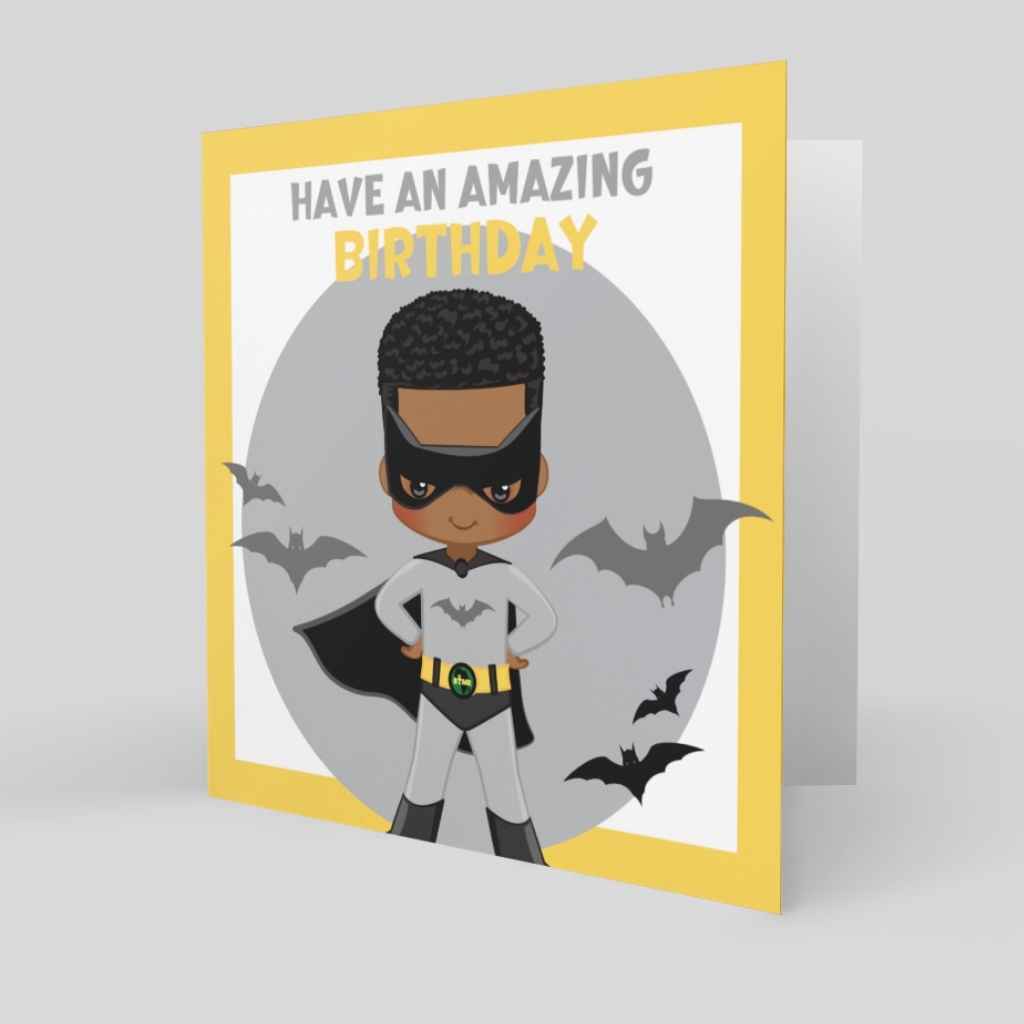 Children's Personalised Birthday Cards | Black Boy Bat Superhero