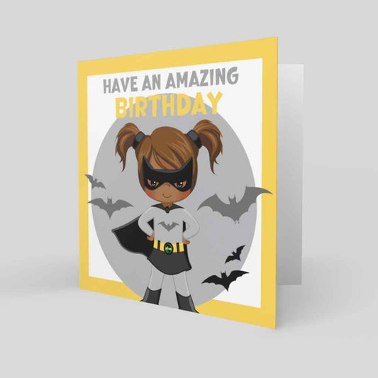 Children's Personalised Birthday Cards | Black Girl Bat Superheroine