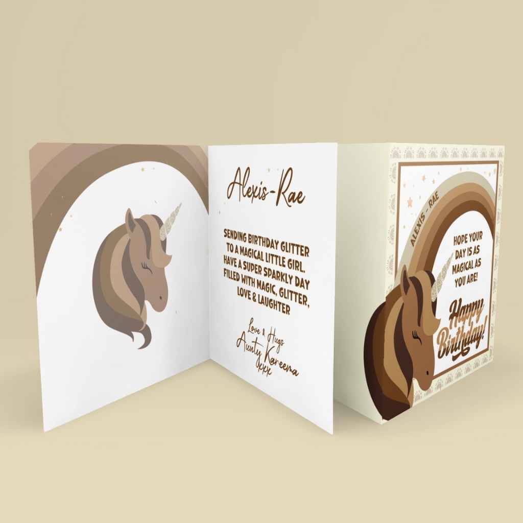 Children's Personalised Birthday Cards | Brown Unicorn Happy Birthdday