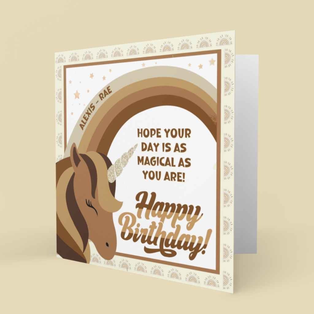 Children's Personalised Birthday Cards | Brown Unicorn Happy Birthdday