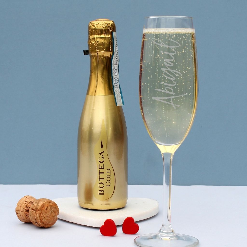 Personalised Champagne Flute & Mini Gold Bottega Prosecco Set