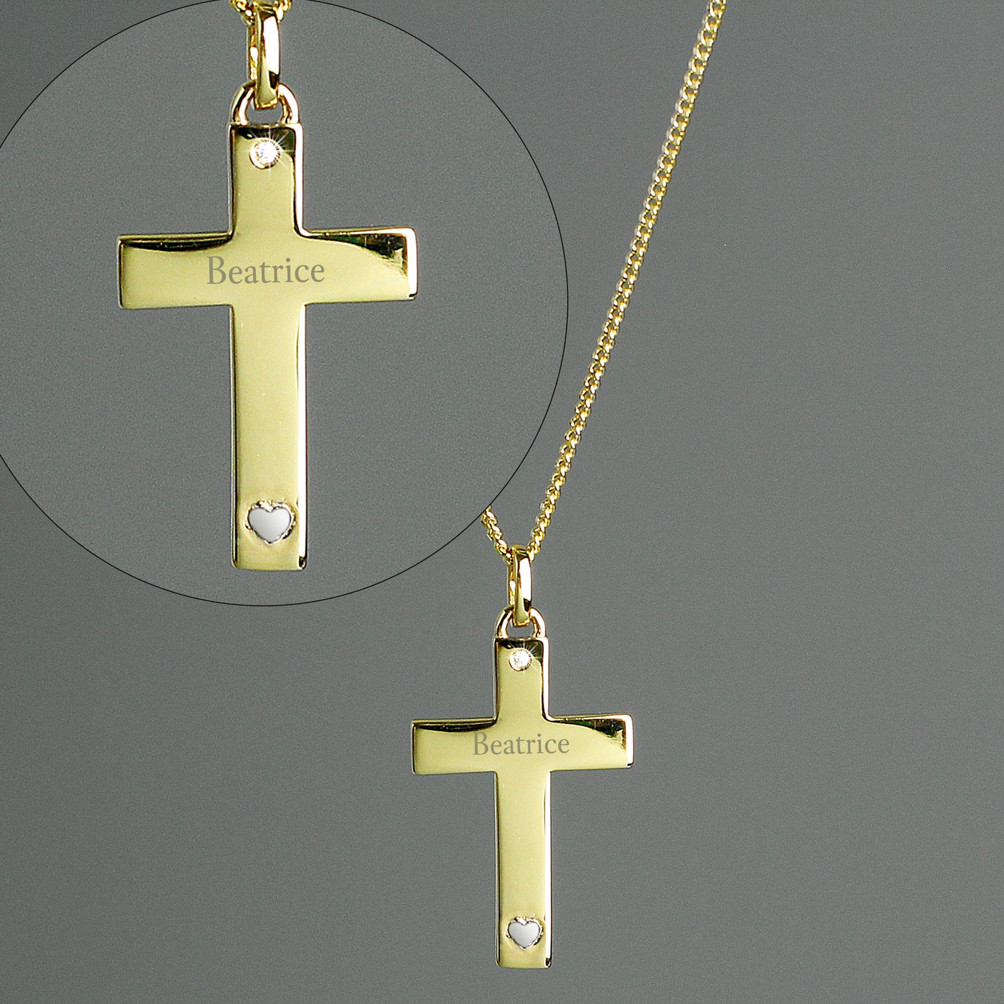 Personalised 9ct Gold Plated Cross with Sterling Silver Heart & CZ Necklace