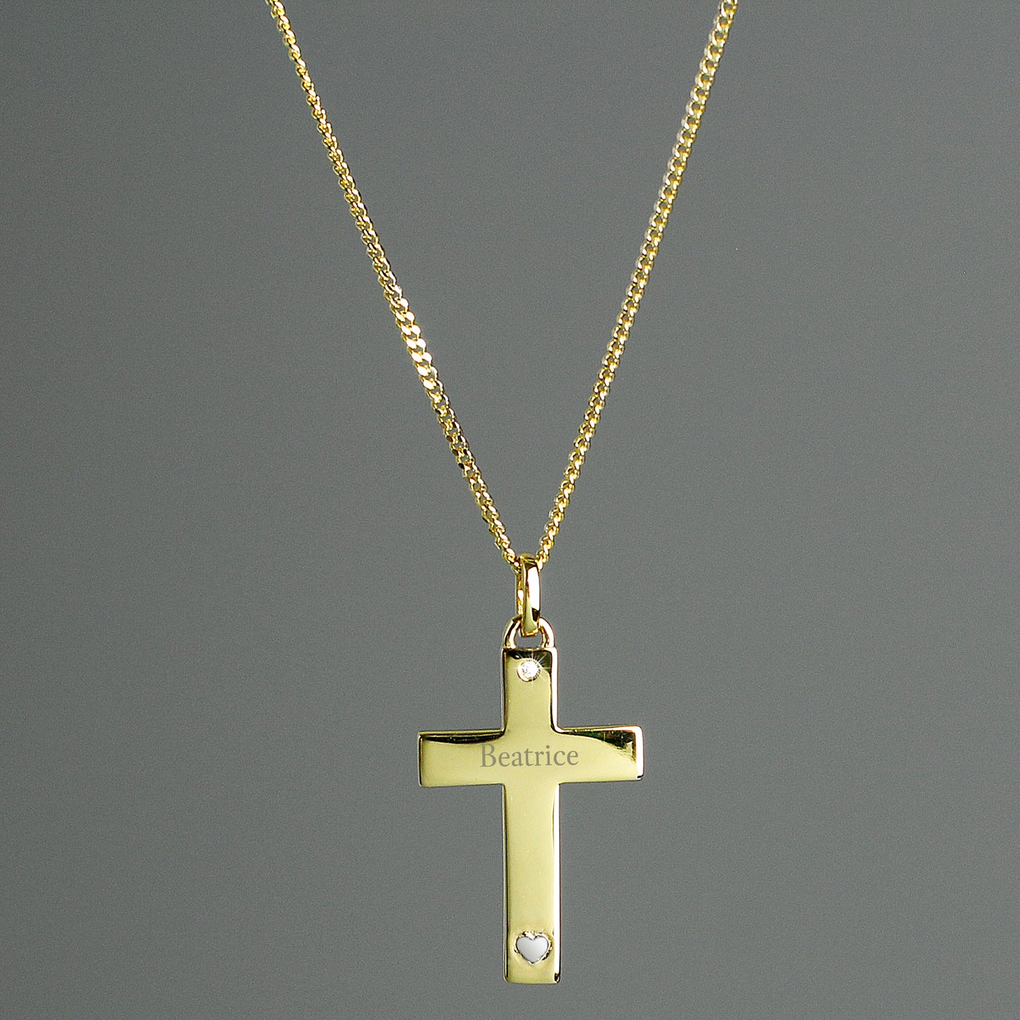 Personalised 9ct Gold Plated Cross with Sterling Silver Heart & CZ Necklace