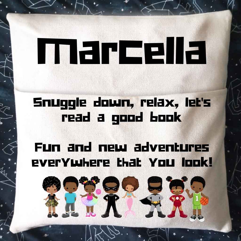 White personalised Reading Book Cushion. Features a 45*45cm cushion with a pocket at the front. This personalised reading book pocket cushion features the phrase - Snuggle down, relax. let's read a good book. Fun & New Adventures everywhere that you look.