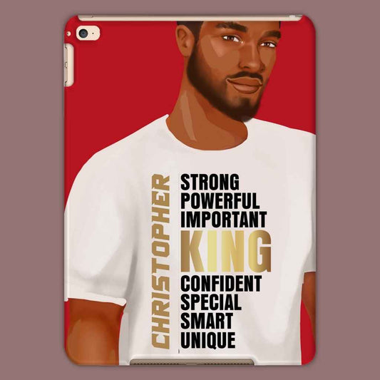 Personalised iPad Tablet Case featuring the face and torso of a black male, wearing a white t shirt, with motivational words on the chest, including King