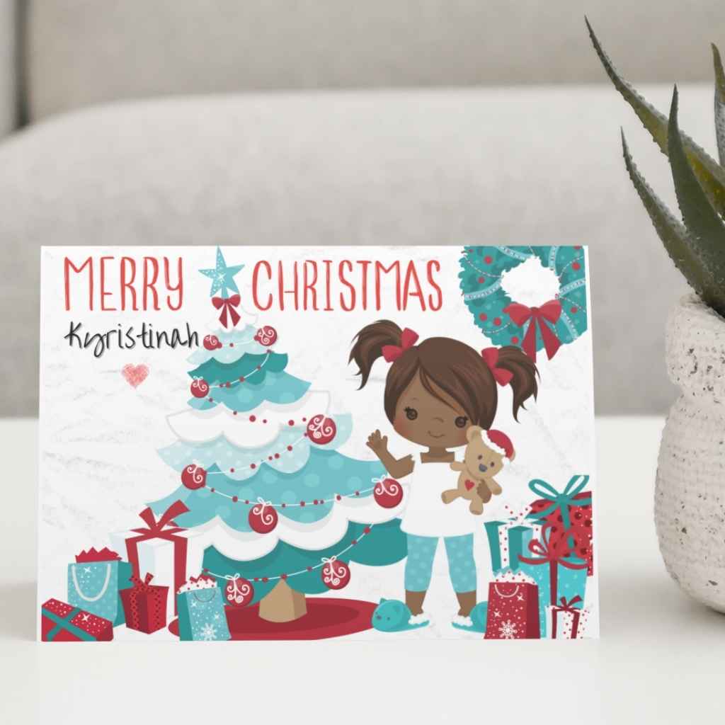 Personalised Christmas Card | Girl with presents and tree