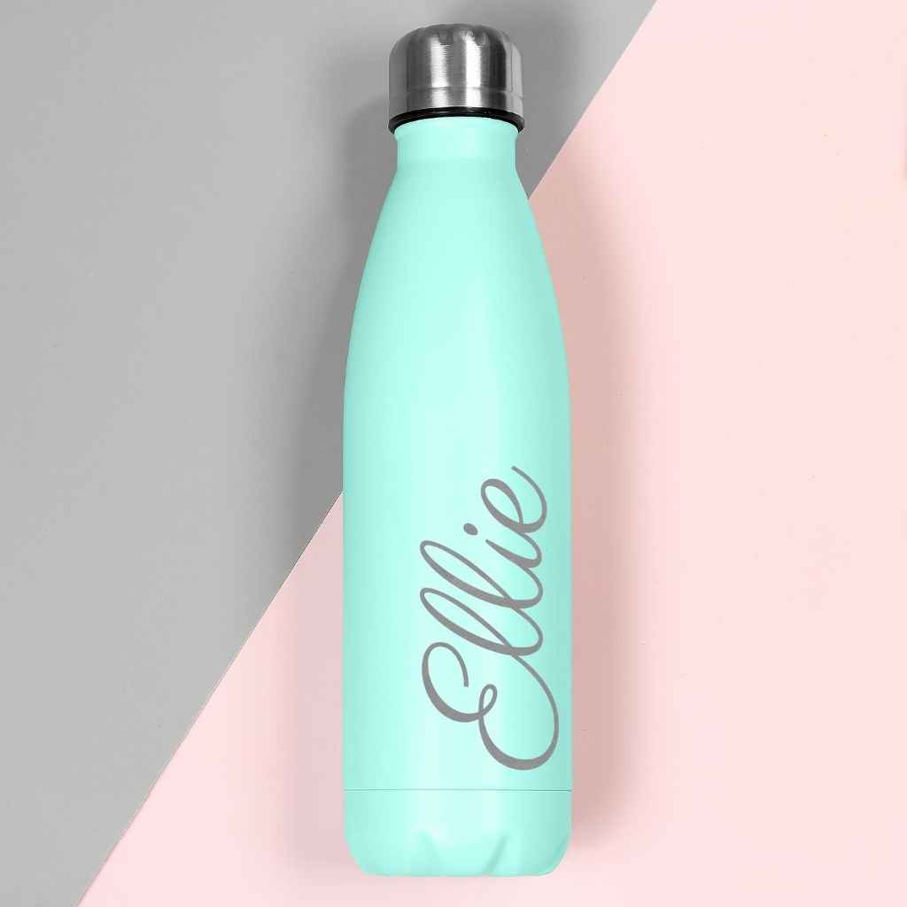 Turquoise Personalised Hydro Flask that has been personalised with the name Ellie, in italic font. This personalised Hydro Flask is pictured with it's silver lid on the Hydro Flask.