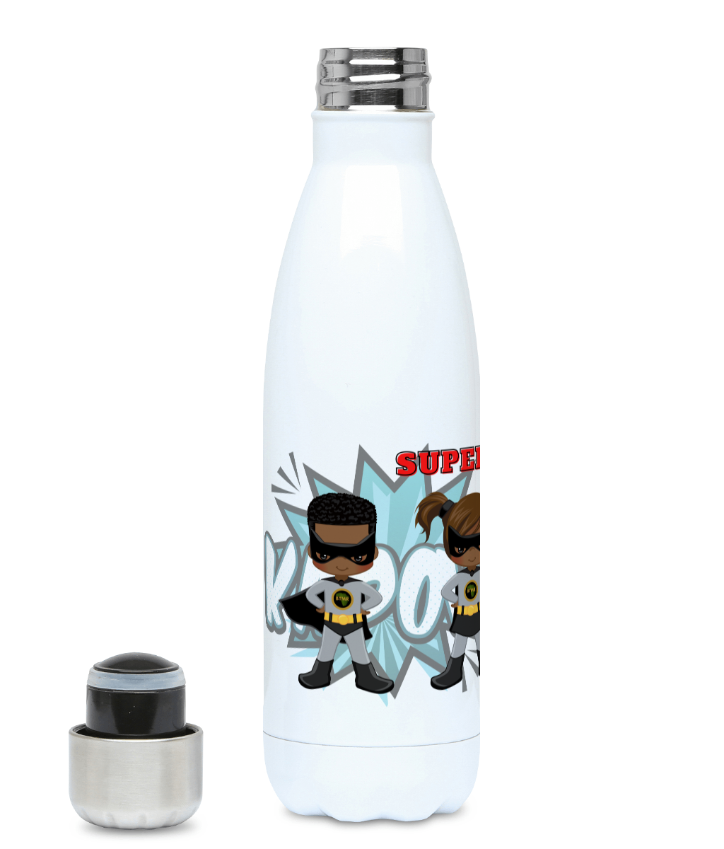 Left Profile of personalised Hydro Flask, featuring  4 characters from the BlackLikeMe SuperHero collection, 2 boy superheroes - in grey and two girl superheroines in blue and grey. Behind is an action background featuring the words Kapow and Boom. Hydro Flask is personalised at the top of the picture 