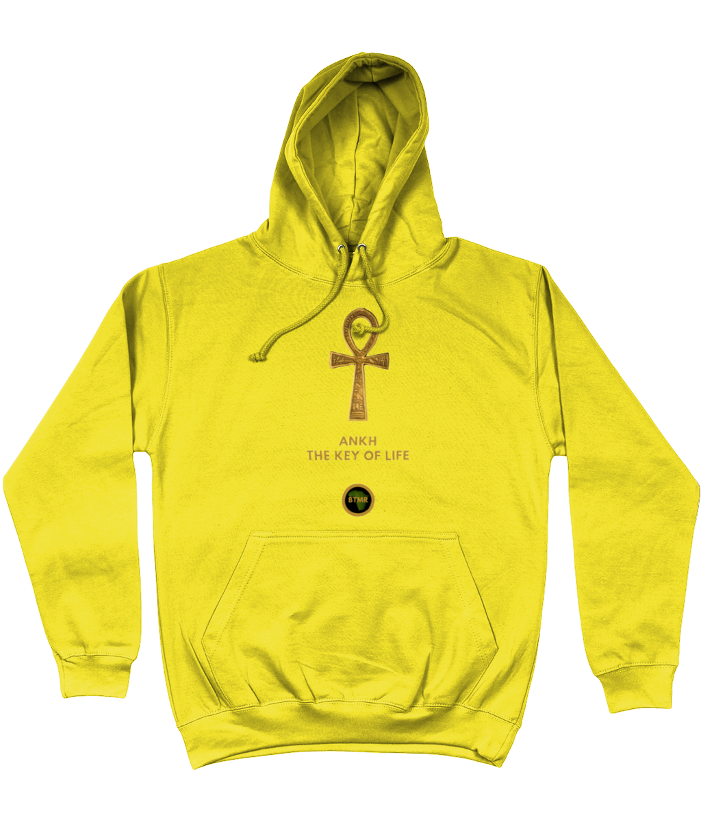Product mockup photo of a sunshine yellow personalised Ankh Hoodie. Large gold Ankh in the  centre of the hoodie, with the words Ankh, The key of Life capitalised in Gold Font directly underneath the hoodie, with a round BTMR logo underneath. Hoodie is on a plain white background