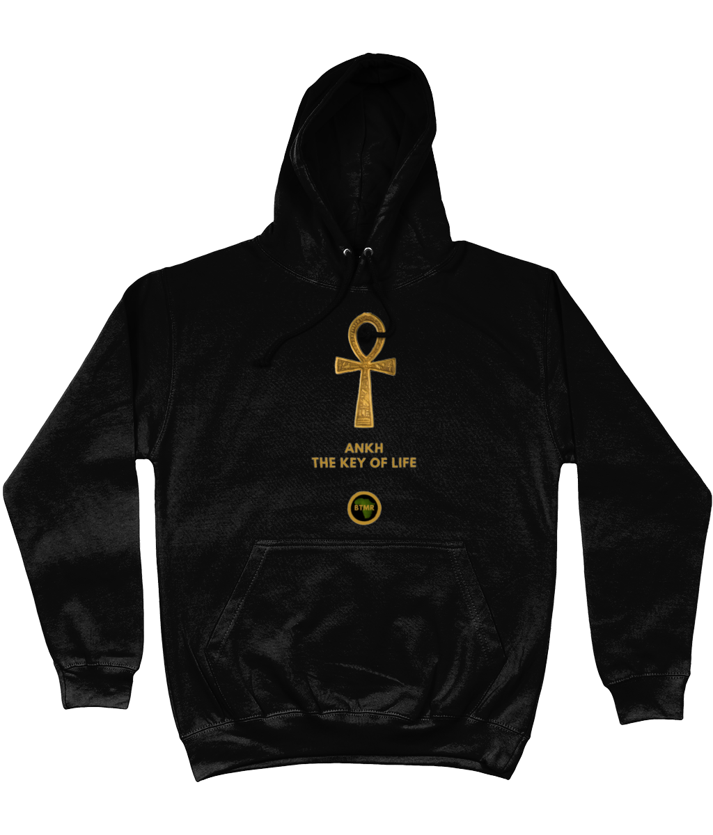 Product mockup photo of a black personalised Ankh Hoodie. Large gold Ankh in the  centre of the hoodie, with the words Ankh, The key of Life capitalised in Gold Font directly underneath the hoodie, with a round BTMR logo underneath. Hoodie is on a plain white background