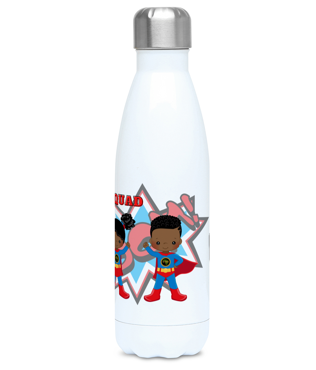 Centre Profile of personalised Hydro Flask, featuring  4 characters from the BlackLikeMe SuperHero collection, 2 boy superheroes - in grey and two girl superheroines in blue and grey. Behind is an action background featuring the words Kapow and Boom. Hydro Flask is personalised at the top of the picture 