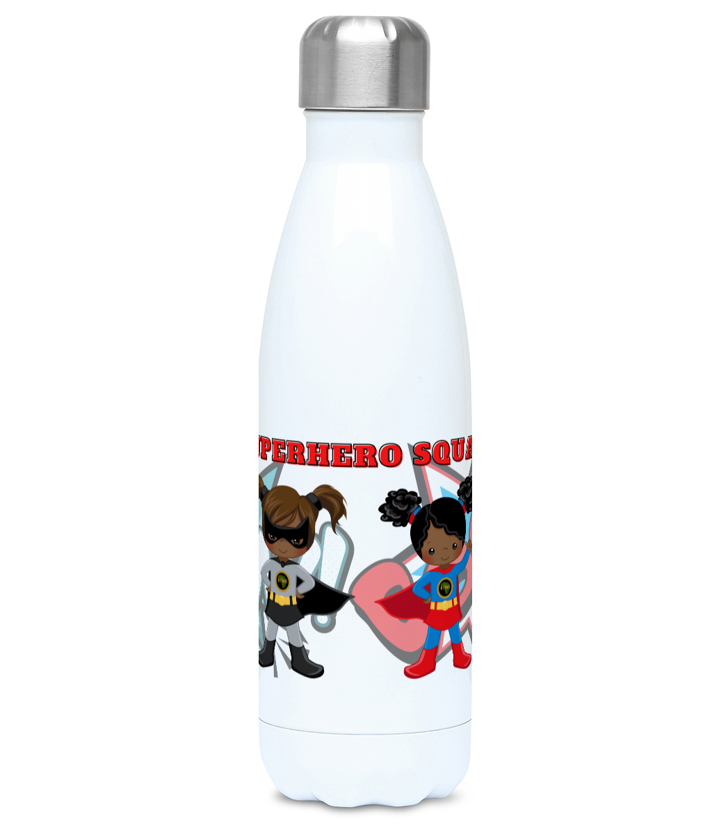 Right Profile of personalised Hydro Flask, featuring  4 characters from the BlackLikeMe SuperHero collection, 2 boy superheroes - in grey and two girl superheroines in blue and grey. Behind is an action background featuring the words Kapow and Boom. Hydro Flask is personalised at the top of the picture 